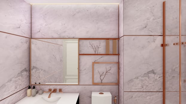 Mauve rose gold toilet interior design 3d rendering