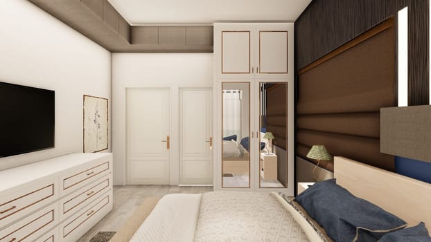 Realistic dark brown bedroom interior with wooden furniture 3d rendering