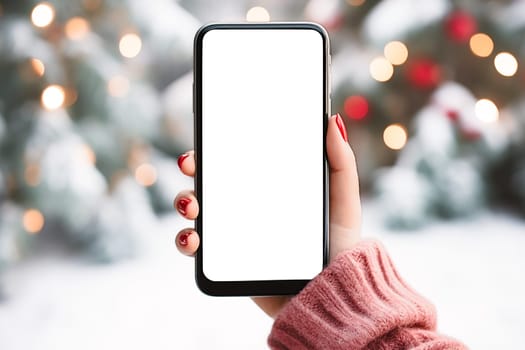 close-up smartphone in hand in winter evening day. smartphone with white empty display mockup. winter activity, holidays advertising mockup, lifestyle