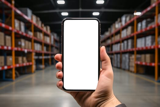 smartphone mockup in Hand. Mobile smartphone empty touch screen on warhouse background. Use for your advertisement design or mock-up text. storage app Business concept