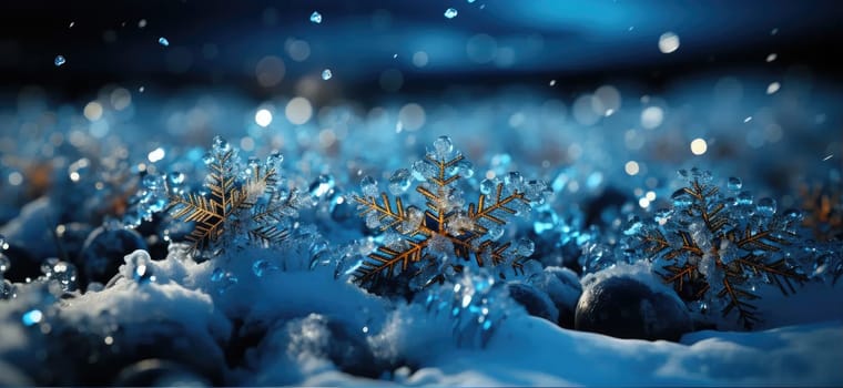 Winter magic on blue christmas background with swirling snowflakes.