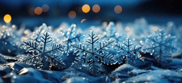 Winter magic on blue christmas background with swirling snowflakes.