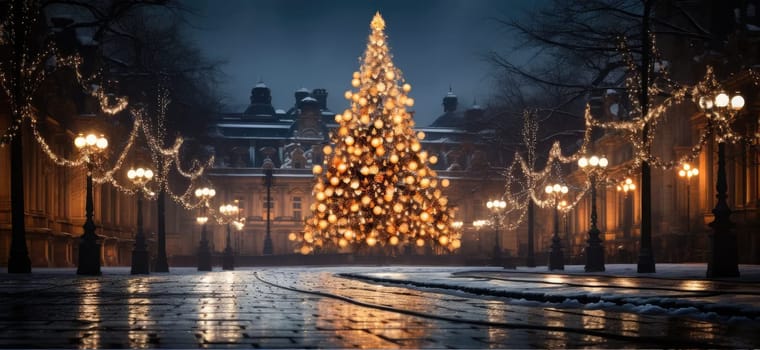 In this beautiful square in a European city, there is an atmosphere of celebration and joy. A brightly decorated Christmas tree becomes the center of attention and brings many smiles and happy moments.