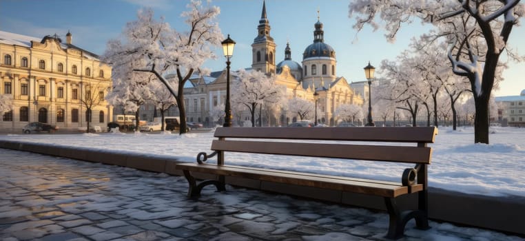 This amazing snow-covered city creates a unique atmosphere of calm and beauty. On the sidewalk with a bench, you can enjoy moments of peace, and the cathedral in the background adds mystery and fabulousness.