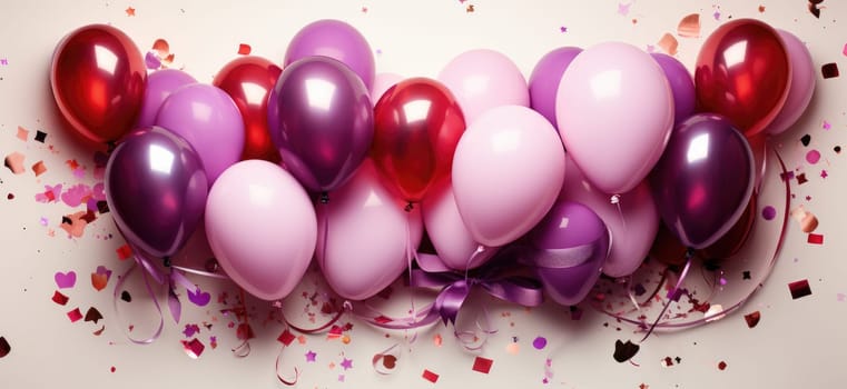 Greeting card with balloons and confetti in pink tones