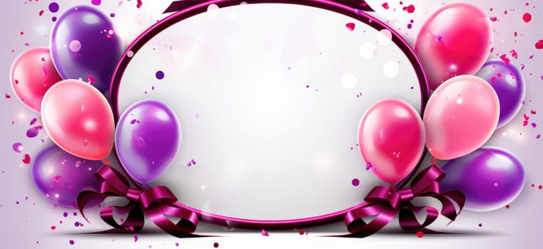 Greeting card with balloons and confetti in pink tones