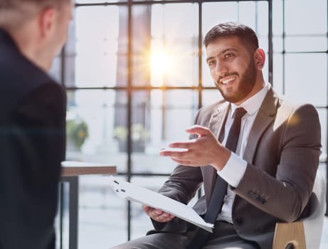 Job interview, businessman listen to candidate answers.