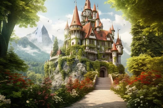 Surrounded by lush green foliage and dense trees, this mysterious castle creates a unique atmosphere of fairy tale and magic