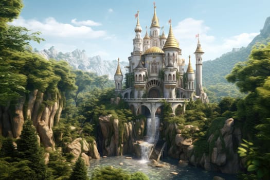 This beautiful fairytale castle, among dense green foliage and powerful trees, beckons with its mystery and beauty. Standing out against the background of nature, it creates a unique atmosphere of romance and magic