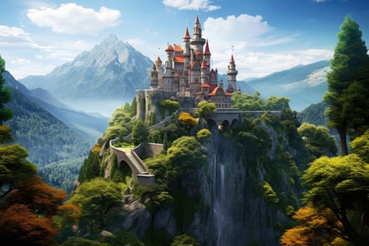 The majestic fairytale castle rises above the mountainous terrain, offering stunning views of the surrounding nature.
