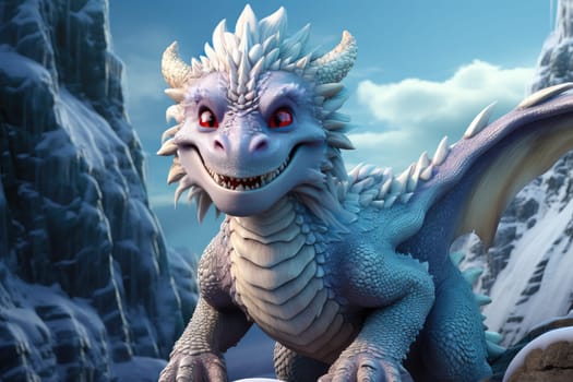 This fairytale dragon impresses with its power and mystical appearance as it descends from the mountain, surrounded by ice formations and covered in snow.