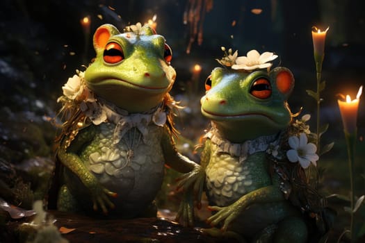 Two little frogs, surrounded by magic and good magic, celebrate their magnificent event in a beautiful fairytale atmosphere.