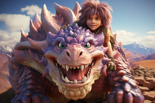 An ultra-funny hero on a large dragon, controlling it with great joy and enthusiasm, explores the world and meets new friends.