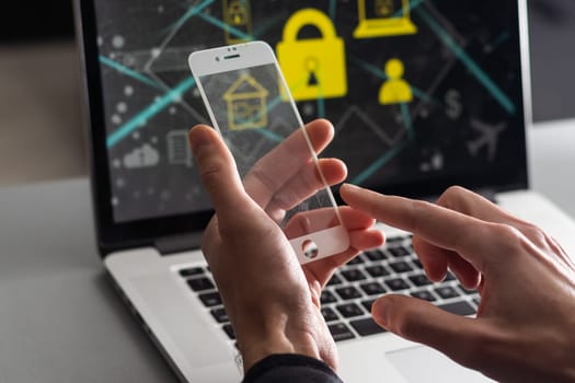 business, statistics, people and future technology concept - close up of businessman hand with charts on transparent smartphone screen and virtual projections over black background