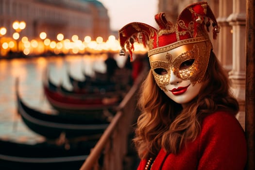 A smiling woman in an elegant and bright carnival mask in the Venetian style