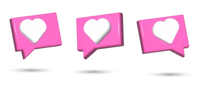Virtual pink icon with white heart for social network, like notification. 3D rendering illustration