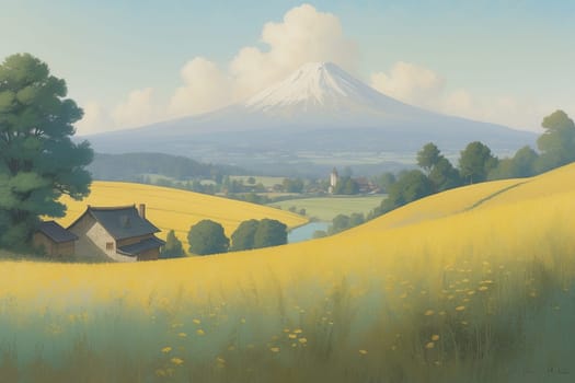 Rural landscape painted in watercolor. AI generated