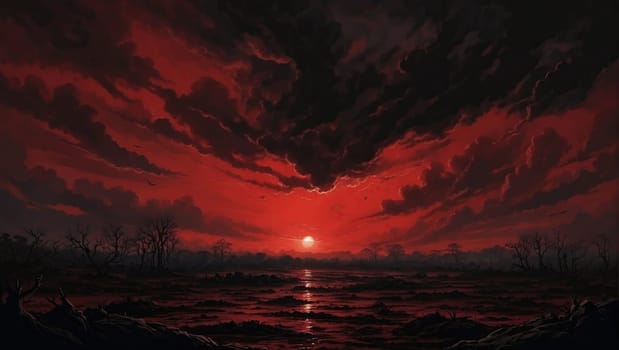 Red sunset over the earth. AI generated