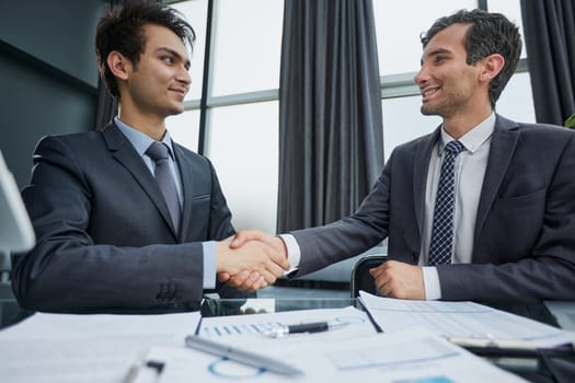 satisfied hr manager hiring new employee, business partners handshaking at meeting