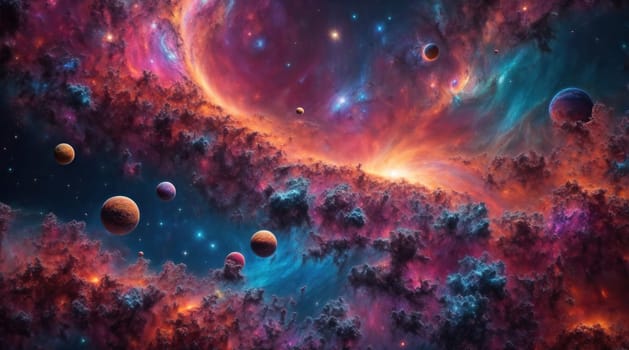 Fractals in deep space with colorful nebula. AI generated