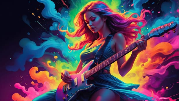 Girl with a guitar in neon light. AI generated