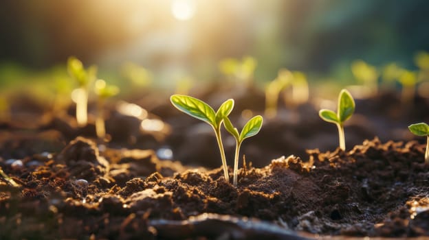 Small tree growing with sunshine in garden. Eco concept.