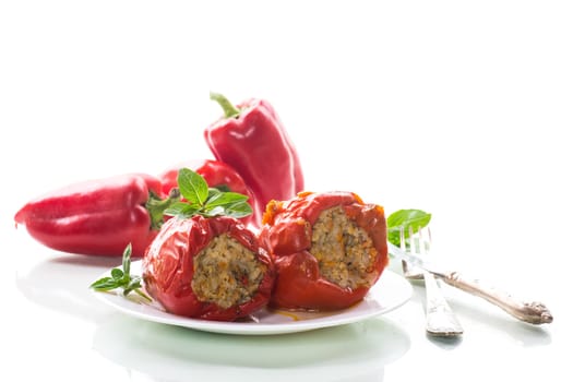 stewed in gravy stuffed peppers in a plate isolated on white background