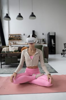 Amidst the holiday cheer, a stylish young woman embraces a virtual reality headset. High quality photo