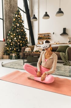 The young and beautiful woman recounts her feelings while donning a virtual reality headset. High quality photo