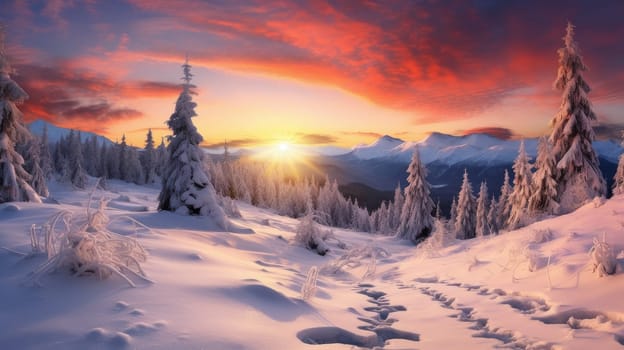 Picturesque, beautiful winter landscape of mountains and forest, snow-covered valley against the backdrop of a pink sunset. Concept of traveling around the world, recreation, winter sports, vacations, tourism in the mountains and unusual places.