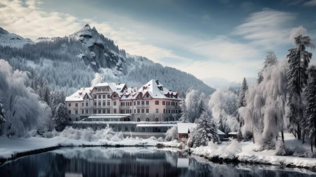 Picturesque, beautiful winter landscape of mountains and forest, snow-covered valley with a large hotel in privacy. Concept of traveling around the world, recreation, winter sports, vacations, tourism in the mountains and unusual places.