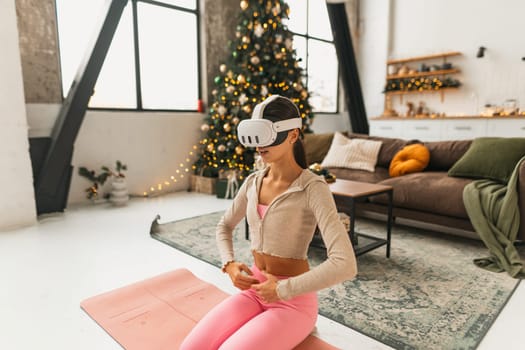 In a virtual reality headset, a young and attractive woman narrates her experiences. High quality photo