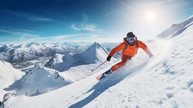 A skier descends at high speed on a snow-covered ski slope at a resort in an orange suit. Concept of traveling around the world, recreation, winter sports, vacations, tourism in the mountains and unusual places.