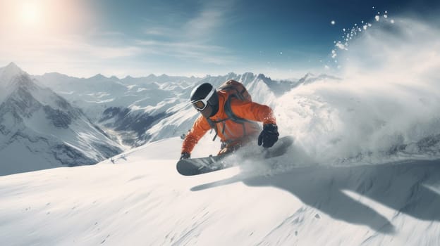 A skier descends at high speed on a snow-covered ski slope at a resort in an orange suit. Concept of traveling around the world, recreation, winter sports, vacations, tourism in the mountains and unusual places.