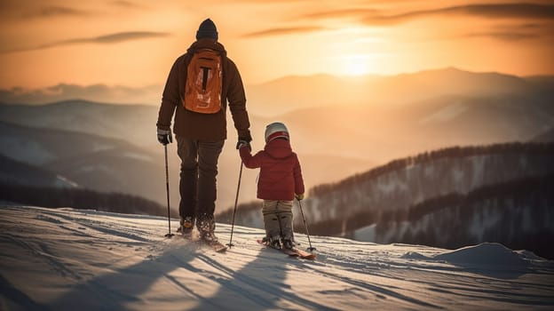 Dad and daughter high in the snowy mountains at a ski resort, watching the sunset during vacation and winter break. Concept of traveling around the world, recreation, winter sports, vacations, tourism in the mountains and unusual places.