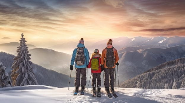 A family of skiers looks at the snow-capped mountains at a ski resort, during vacation and winter holidays. Concept of traveling around the world, recreation, winter sports, vacations, tourism in the mountains and unusual places.