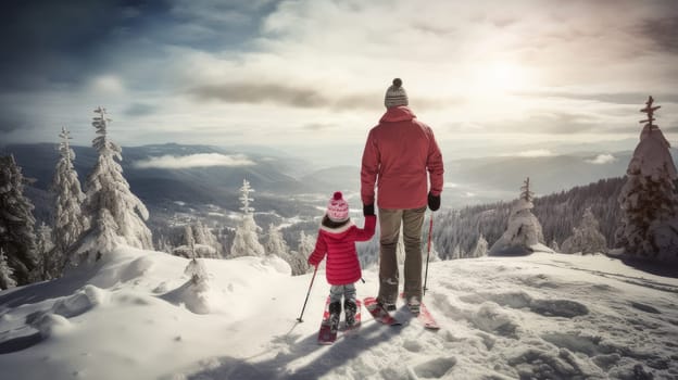 Dad with little daughter looks at snow-capped mountains at a ski resort, during vacation and winter holidays. Concept of traveling around the world, recreation, winter sports, vacations, tourism in the mountains and unusual places.