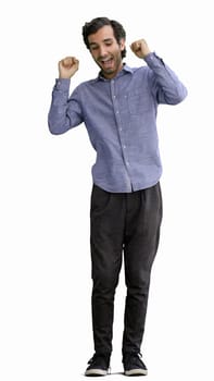 man in full growth. isolated on white background wearing headphones dancing.