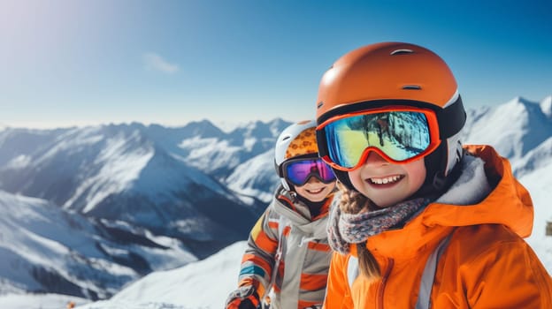 happy, smiling children snowboarder against the backdrop of snow-capped mountains at a ski resort, during the winter holidays. Concept of traveling around the world, recreation, winter sports, vacations, tourism in the mountains and unusual places.