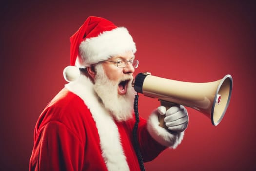 Santa Claus with megaphone on red background. Announcement or advertising of Christmas sales, announcement of winners.