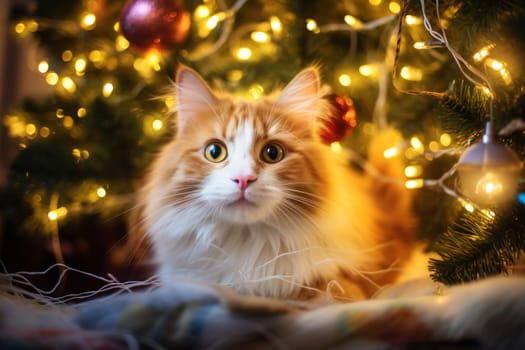 A cute cat poses against a Christmas background, adorned with twinkling lights and a festive tree