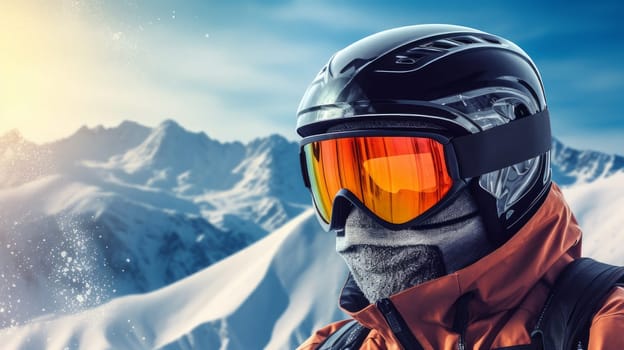 Portrait of a happy, smiling male snowboarder against the backdrop of snow-capped mountains at a ski resort, during winter holidays. Concept of traveling around the world, recreation winter sports vacations tourism in the mountains and unusual places