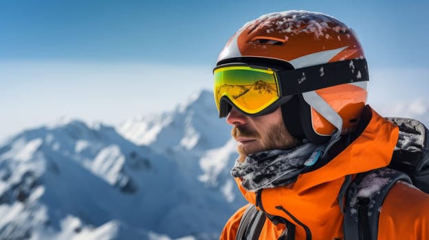 Portrait of a happy, smiling male snowboarder against the backdrop of snow-capped mountains at a ski resort, during winter holidays. Concept of traveling around the world, recreation winter sports vacations tourism in the mountains and unusual places