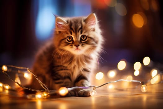 A cute little kitten sits surrounded by the enchanting glow of garland lights in a heartwarming Christmas atmosphere