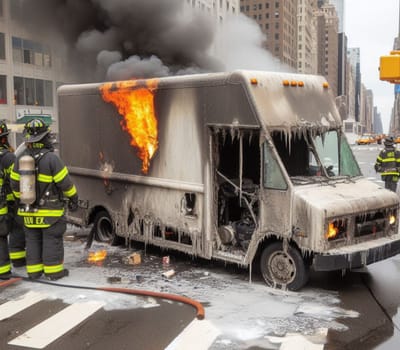 electric hybrid cargo courier truck van burn bottom chasis, firefighter apply foam to extinguish flames big smoke ai generated