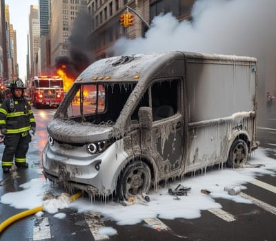 electric hybrid cargo courier truck van burn bottom chasis, firefighter apply foam to extinguish flames big smoke ai generated