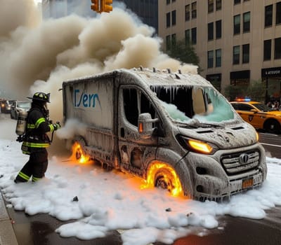 electric hybrid cargo courier truck van burn bottom chasis, firefighter apply foam to extinguish flames big smoke ai generated