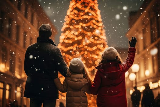 People enjoy Christmas, spending time in the town square illuminated by festive lights and the glow of the Christmas tree
