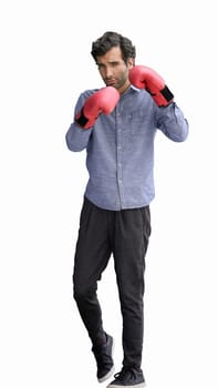 man isolated on a white background in business clothes with boxing gloves.