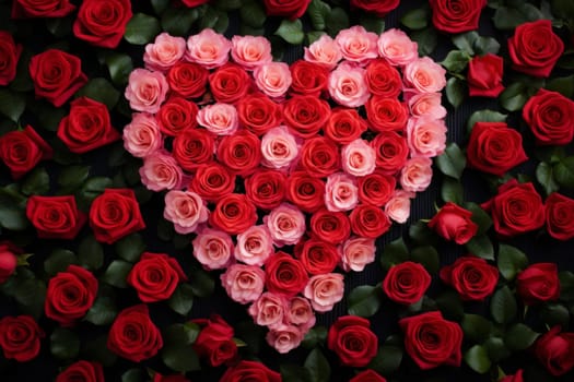 Rose flowers are artfully arranged in the shape of a heart, creating a romantic floral masterpiece. Valentine's Day background. Top view background.